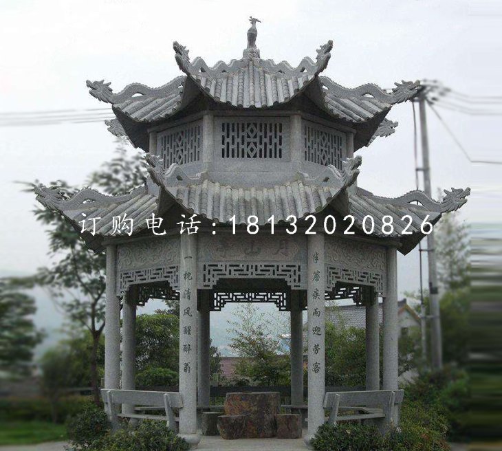八角涼亭石雕，青石涼亭雕塑
