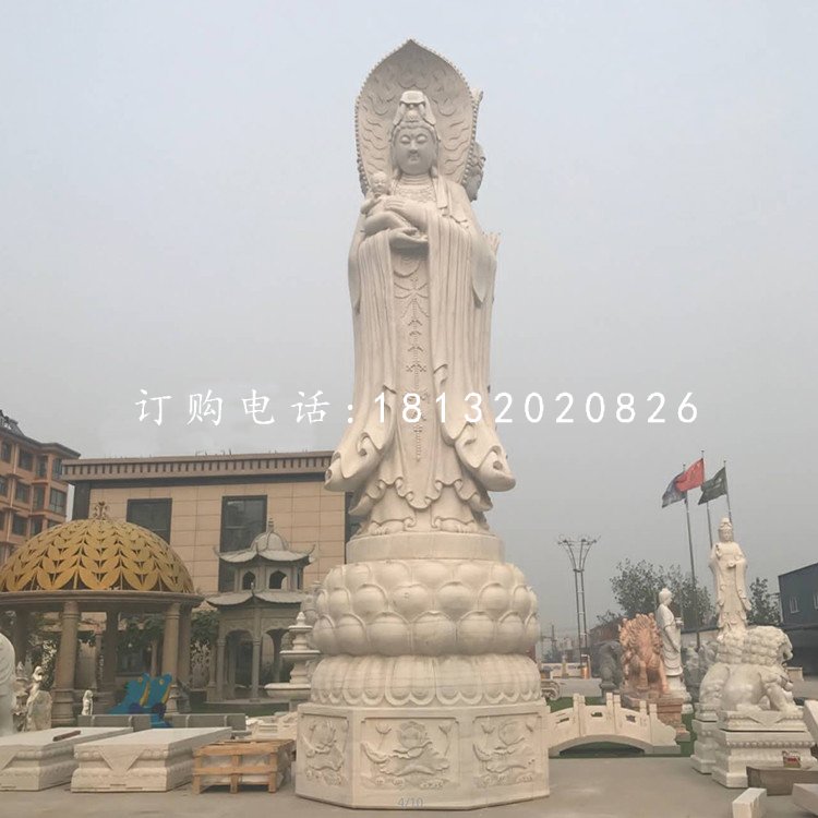 大型三面觀音石雕，漢白玉佛像