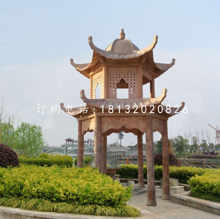公園石亭子，晚霞紅雙層涼亭