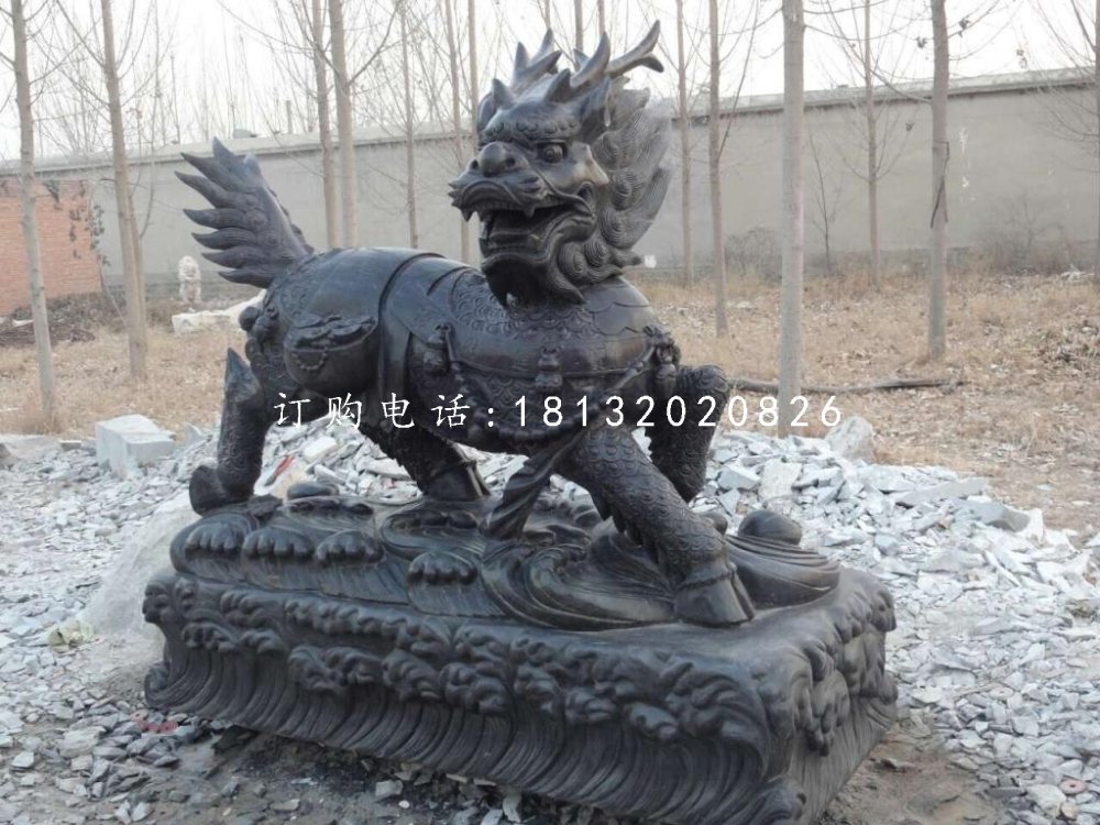 招財麒麟石雕，青石神獸