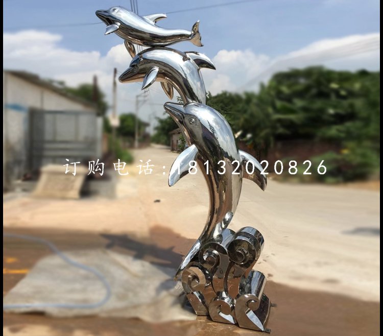 海豚戲水雕塑，不銹鋼動物雕塑