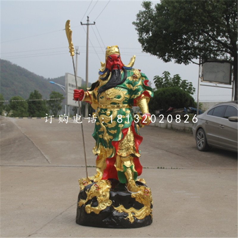 玻璃鋼彩繪關(guān)公，拿刀關(guān)公刀雕塑