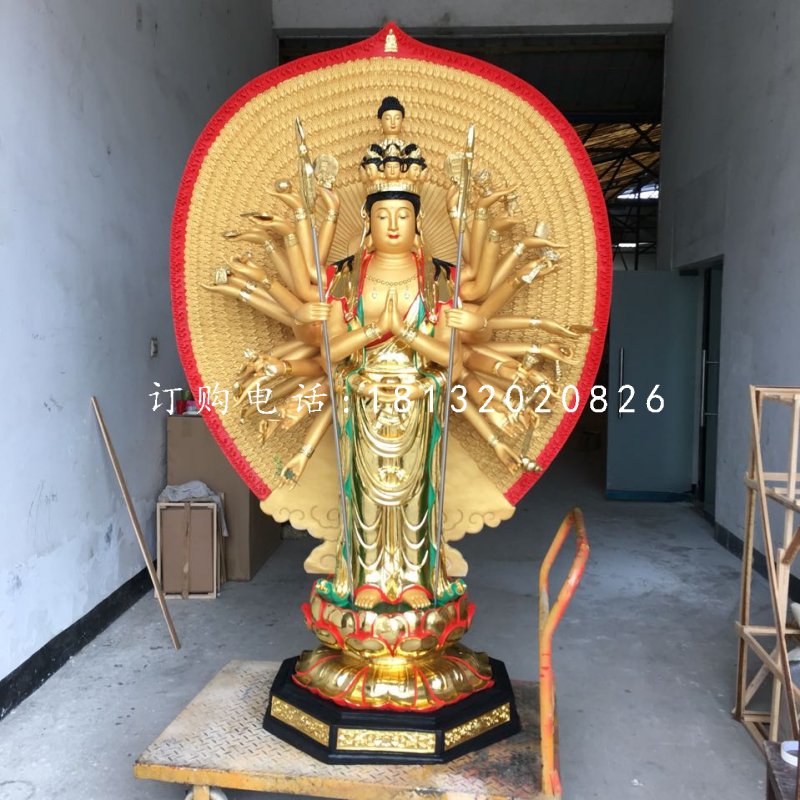 貼金千手觀音，玻璃鋼立式佛像