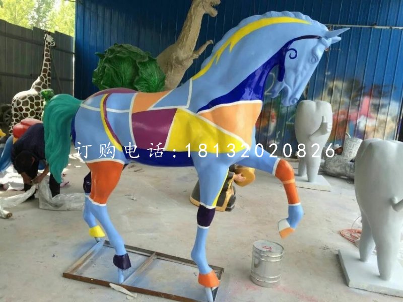 玻璃鋼彩繪馬雕塑，公園動物雕塑 (1)