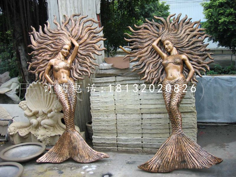 美人魚雕塑，玻璃鋼仿銅雕塑