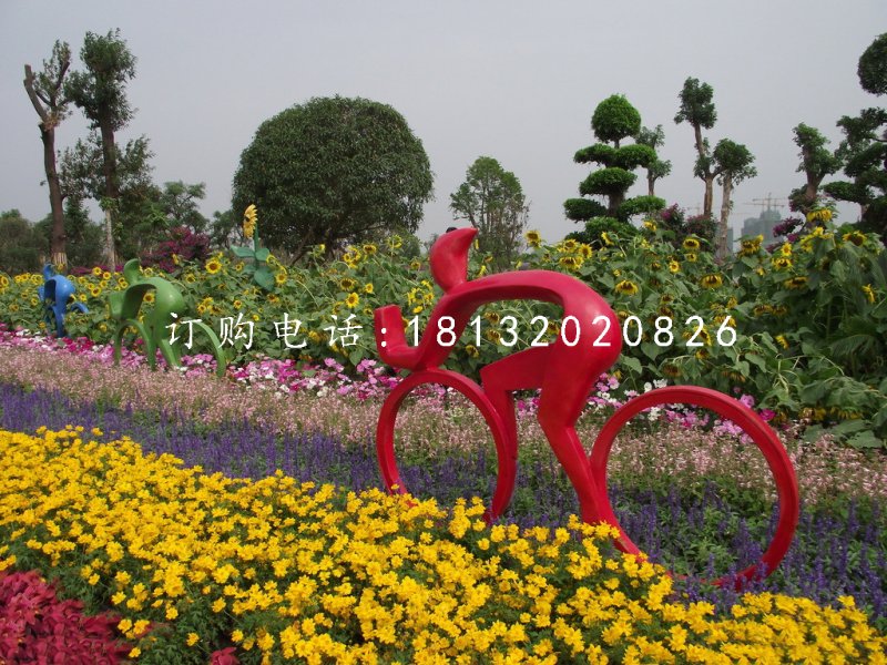 抽象人物騎車子雕塑，不銹鋼景觀雕塑