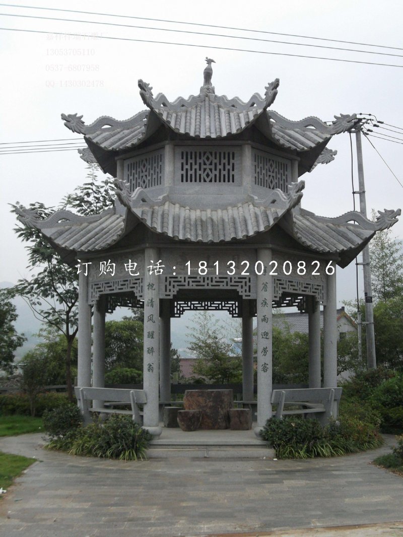 八角涼亭石雕，青石亭子