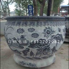 荷花石浮雕水盆，青石水缸