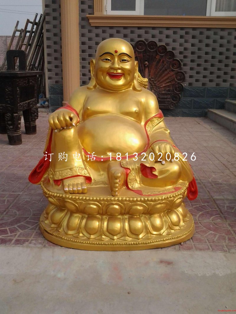 坐式彌勒佛雕塑，銅雕彩繪佛像