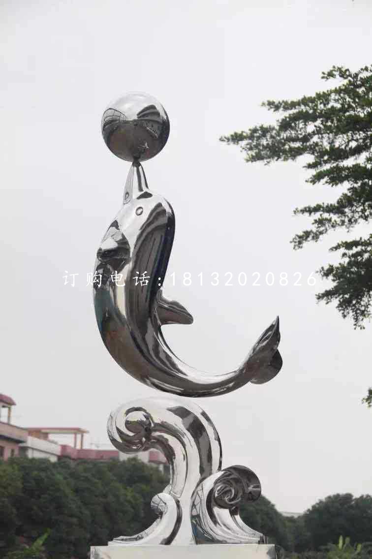 海豚頂球雕塑，不銹鋼景觀雕塑