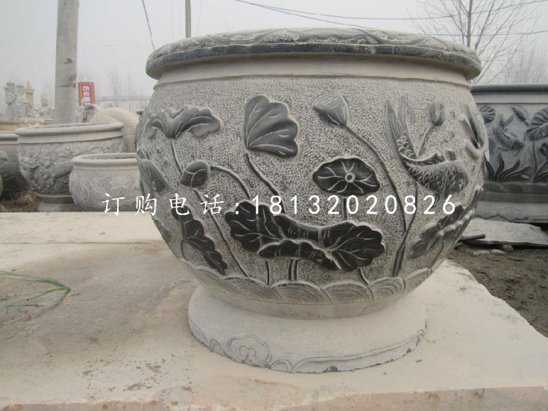 荷花鯉魚(yú)石浮雕水缸，青石仿古水缸