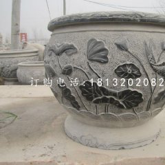 荷花鯉魚石浮雕水缸，青石仿古水缸
