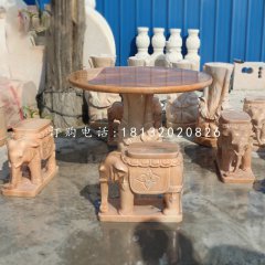 晚霞紅桌椅，象桌象凳石雕