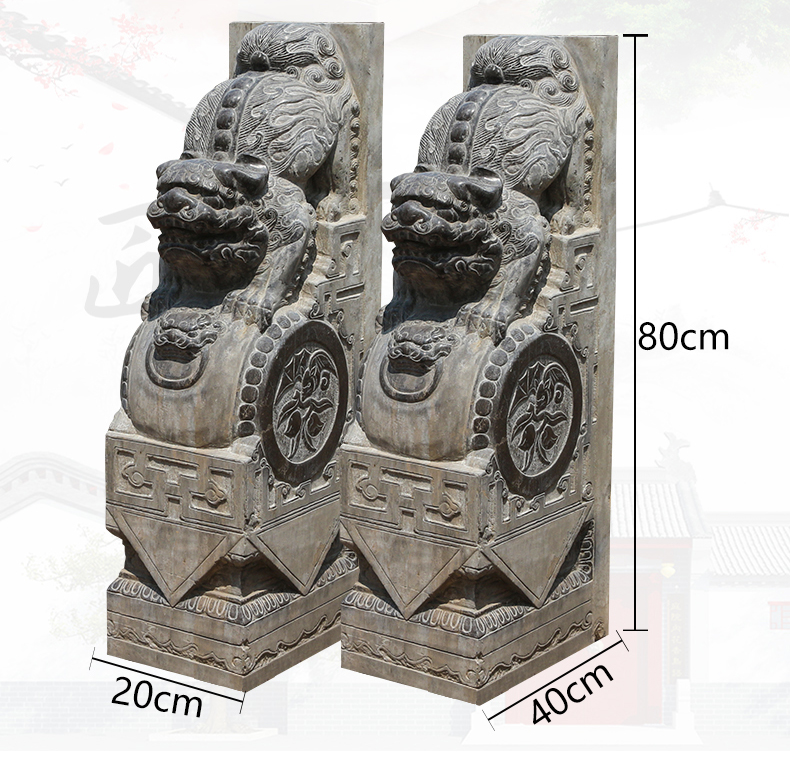 青石獅子門(mén)墩，仿古石門(mén)墩