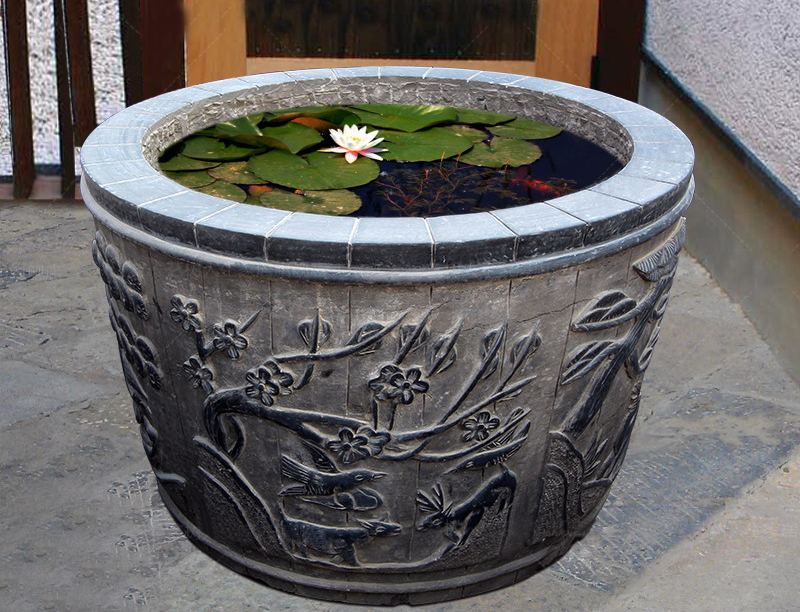 梅花喜鵲石浮雕魚缸，庭院擺件石雕