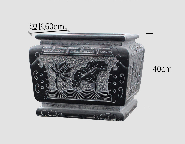 荷花浮雕水缸，青石浮雕水缸
