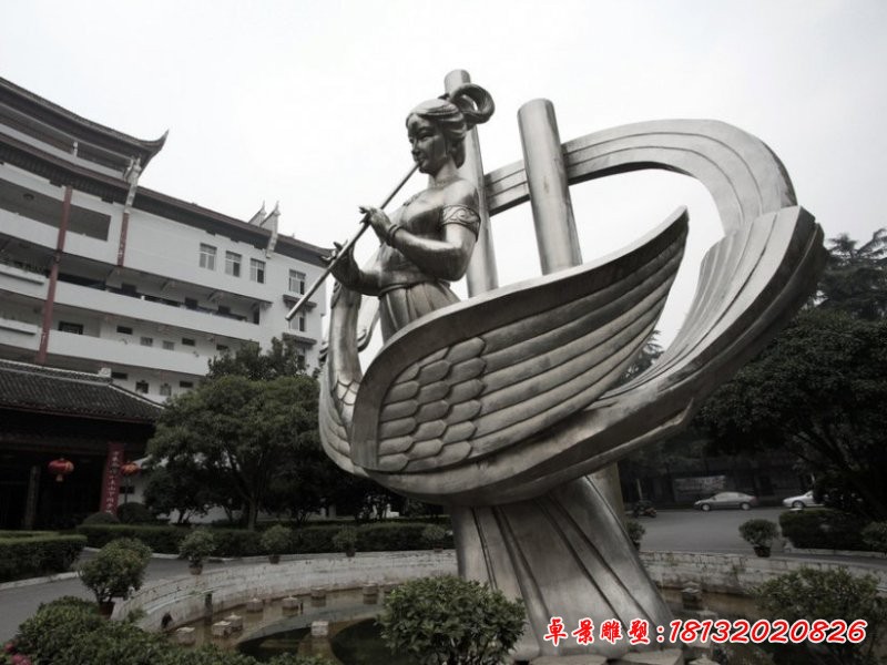 古代美女吹笛子雕塑，不銹鋼人物雕塑