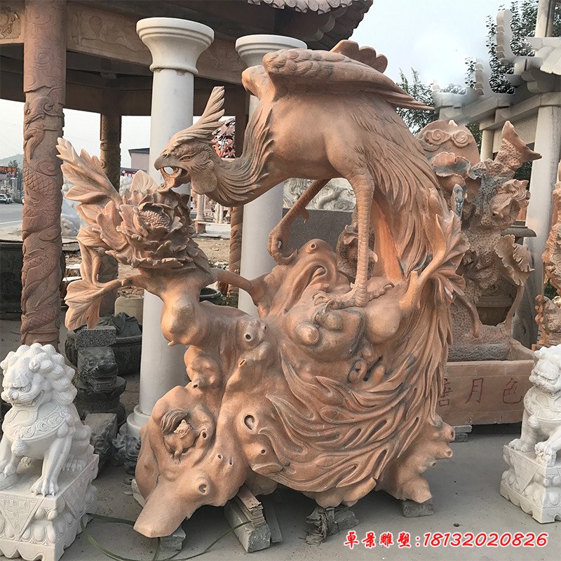 鳳凰牡丹石雕，晚霞紅景觀石雕[1]