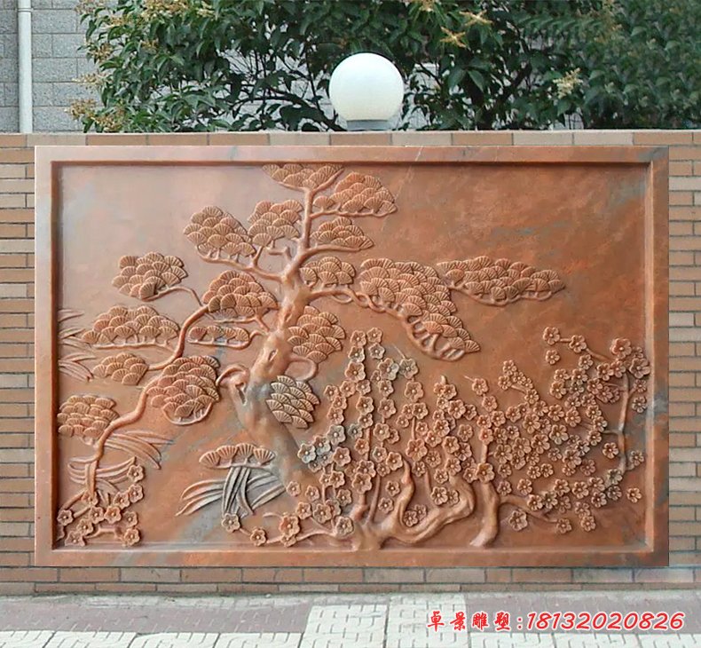 晚霞紅松梅壁畫浮雕，園林景觀石雕[1]