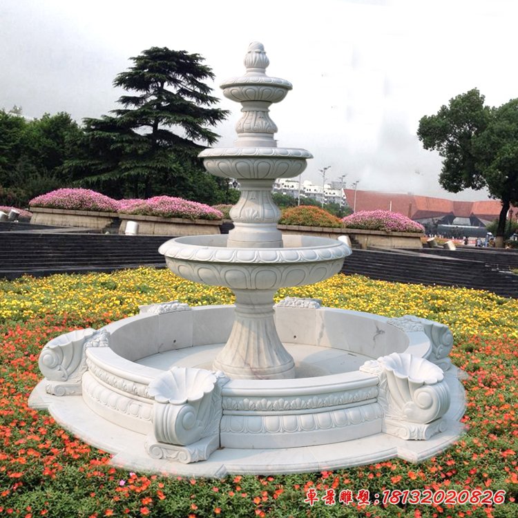 漢白玉三層噴泉石雕，公園歐式噴泉石雕[1]
