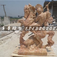 西方人物騎馬石雕，晚霞紅景觀石雕