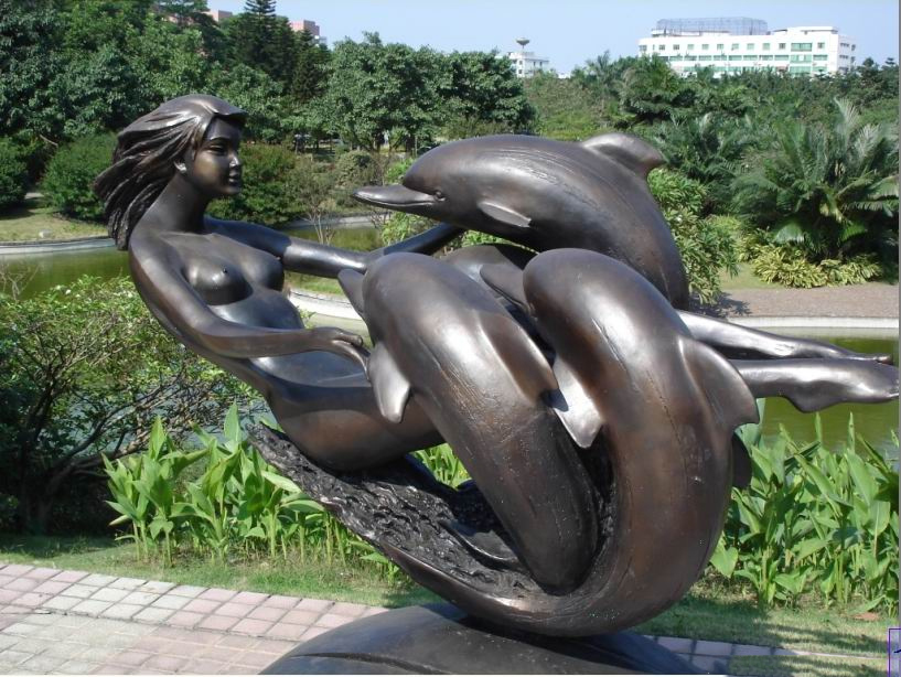 公園景觀銅雕，美女與海豚銅雕