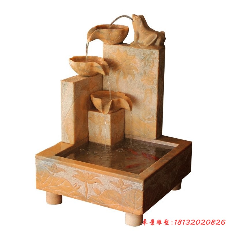晚霞紅荷塘月色流水?dāng)[件，庭院流水石缽